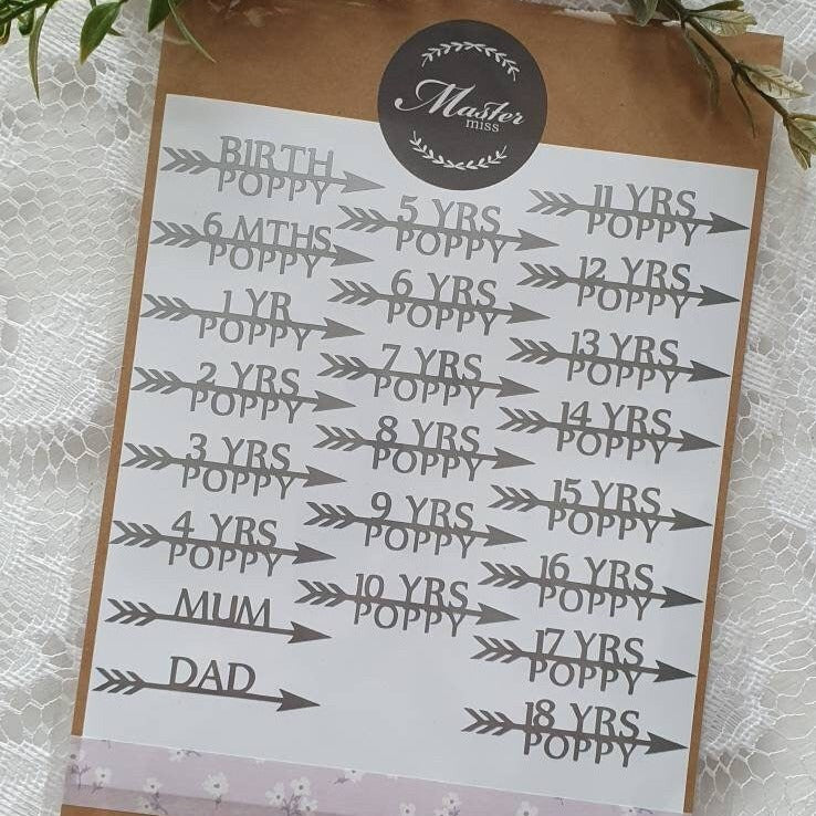 Individually Personalised Height Chart Markers Vinyl Decals POINTING RIGHT - Free Delivery